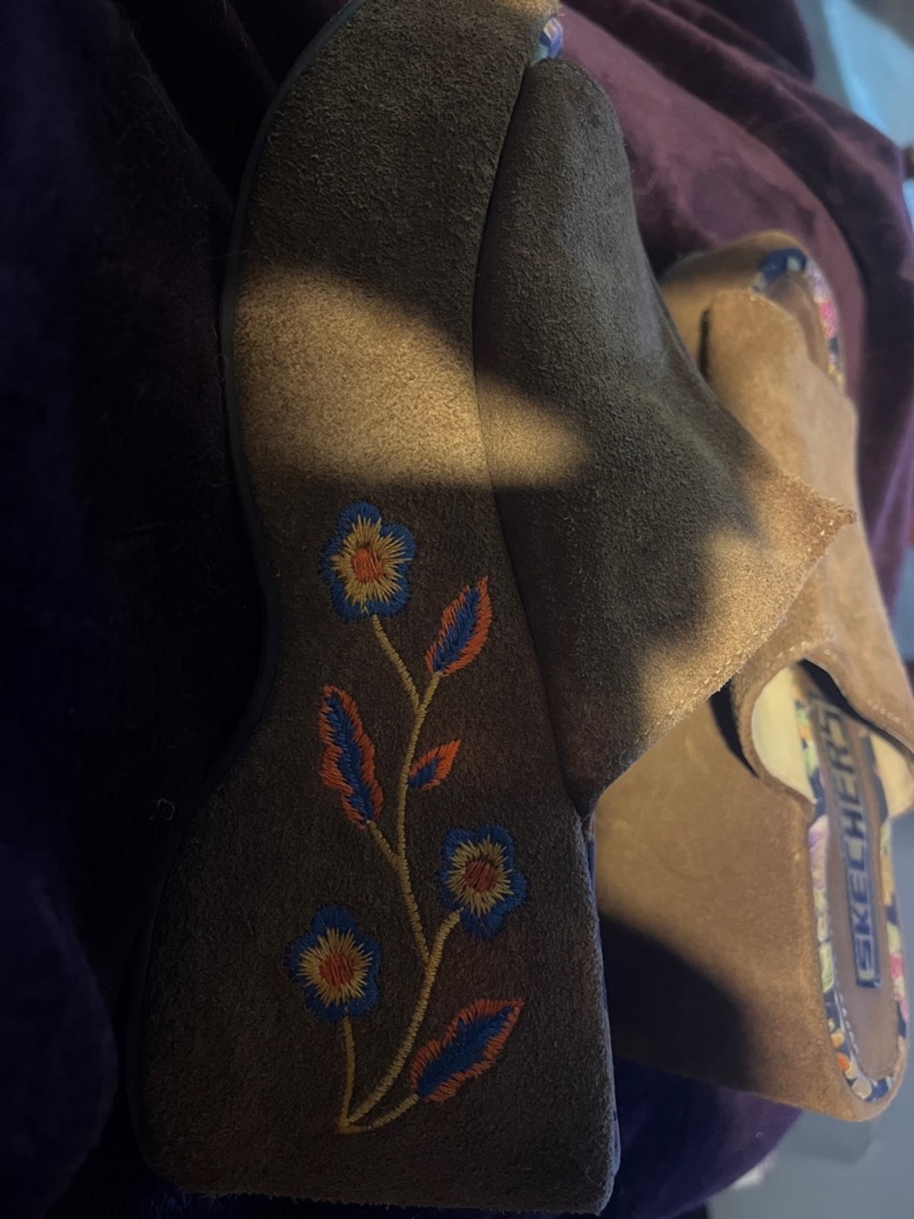 Skechers Brown Suede Floral-Trim Slip-On Wedge